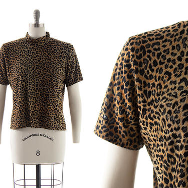 Vintage 1990s 2000s Top | 90s Y2K Leopard Animal Print Stretchy See Through Sheer Burnout Mock Turtleneck Short Sleeve Shirt (medium/large) 