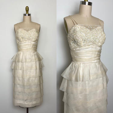 Vintage 1950s Party Dress 50s Prom Dress Silk Organza Wiggle Dress w Tiered Skirt 