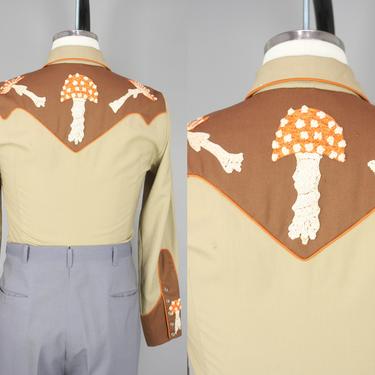 1940s Mushroom Embroidered Western Shirt | Vintage 40s Nathan TURK Two Tone Shirt | Small 
