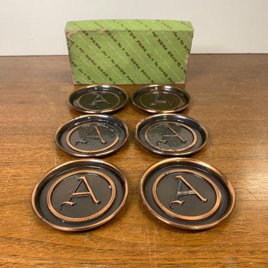 Vintage Hyde Park Two Tone Bronze Monogram A Coasters Set of 6 with Box 