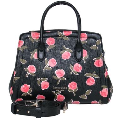 Kate Spade - Black & Pink Pebbled Leather Rose Print Structured Convertible Satchel