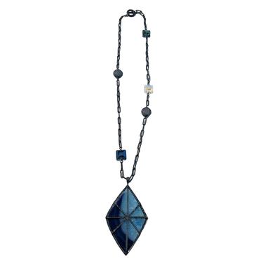 Black Diamond and Blue Agate Pendant Necklace - Vintage Fine Jewelry 