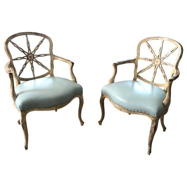 Pair of George III Style Wheel Back Armchairs with Light Blue Leather Seats