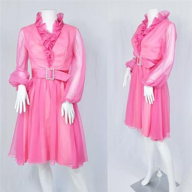 1960's Bubble Gum Pink Short Chiffon Ruffled Front Mini Dress I Sz Sm 