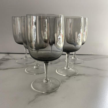Mid Century Modern Barware - set of 6 smoke glass wine glasses / water goblets 