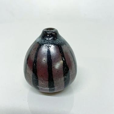 Petite Japanese Stripe Glazed Pottery WEED Pot Vase signed JAPAN 1970s 