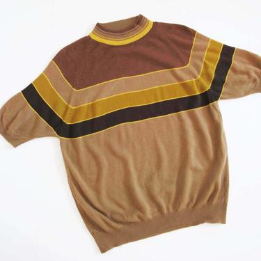 Vintage 60s Striped Mock Neck Shirt M L - 1960s Brown Mustard Yellow Stripe Short Sleeve Shirt - Surf Shirt - 60s Clothing 