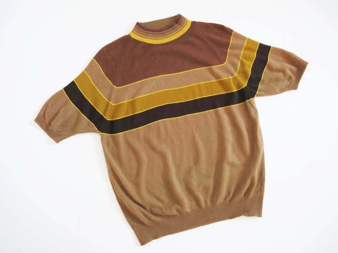 Vintage Short Sleeve High Neck Shirt Men's Small 70s Mod Brown Mockneck Top