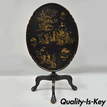 Black Lacquer Oriental English Jappaned Style Tilt Top Pedestal Table
