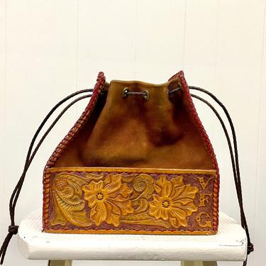 Vintage 1940s Mexican Tooled Leather Handbag, Rockabilly Style Suede and Leather Drawstring Box Purse, 40s Cowgirl Reticule Tote Bag 