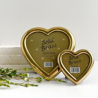 Set of 2 Brass Heart Picture Frames, Small Solid Brass Photo Frames with Easels, Valentines Gift 