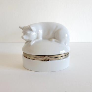 Vintage Pottery Pig Trinket Box, White Porcelain Pill Box 