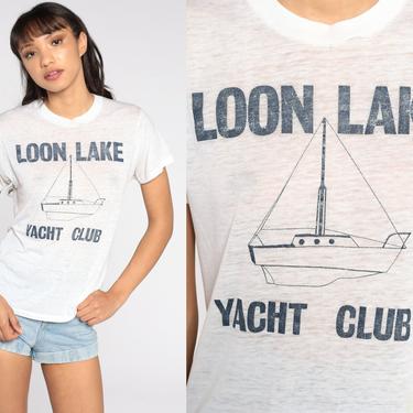 Loon Lake Shirt 70s Yacht Club Boat Shirt Sailboat Vintage Burnout T Shirt 80s Sheer Paper Thin Tee Graphic Print 1980s White Small Medium 