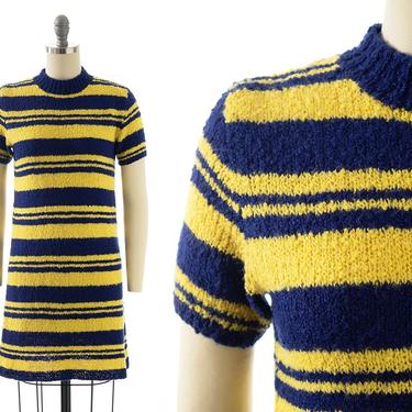 Vintage 1960s 1970s Sweater Dress | 60s 70s Knit Acrylic Striped Short Sleeve Mod Mini Shift Dress (x-small) 