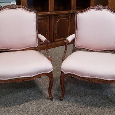Item #HW3 Pair of Vintage Glazed Walnut &amp; Upholstered Arm Chairs