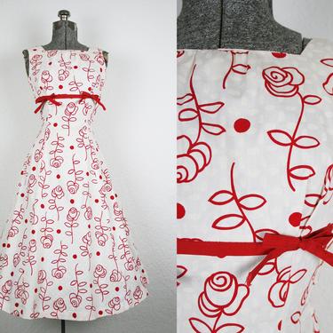 1950's Red and White Rose Print Cotton Sun Dress / Size Small 