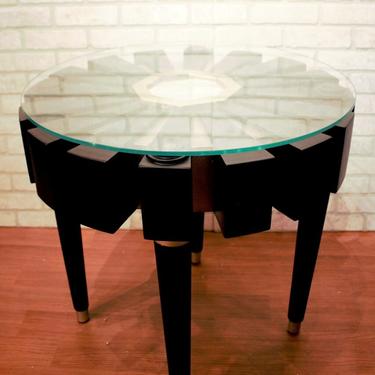 Vintage Modern Custom Designer Glass Top Wood Slotted Round Side Table