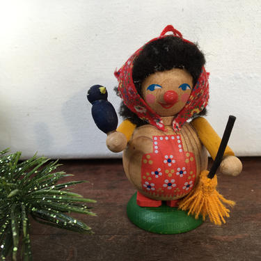 Vintage Steinbach Wooden Lady Ornament With Blue Bird And Broom, Lady With Red Apron And Scarf, Made In Germany 