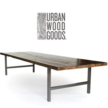 Industrial Rustic Wood Conference Table with reclaimed wood top, steel legs-choice of style (H, X or U steel legs), leg color, size, finish. 