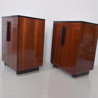 DONALD DESKEY Art Deco Moderne Walnut Black Glossy Cabinets by Hamilton- a pair 
