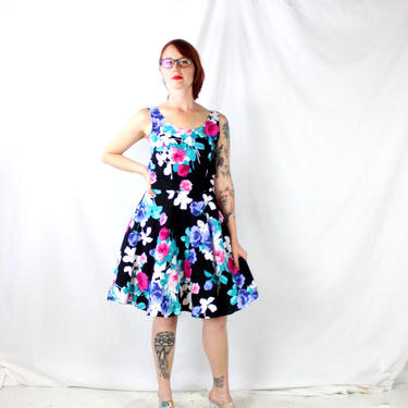 1980's Black Floral Party Dress with Blue and Pink Flowers . Belted and Tulle . Size Medium . Prom Pretty 1990s 90s 