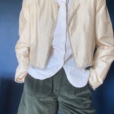 vintage silk evening jacket with pearl trim detail 