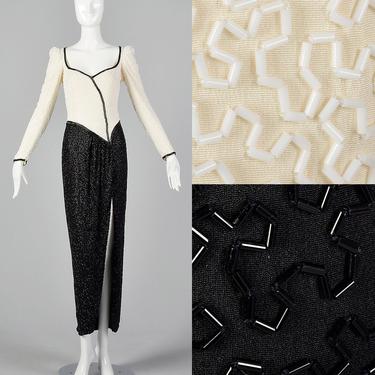 XS Lillie Rubin 1970s Black and White Beaded Gown Wiggle Dress Scoop Neck Cocktail Dress Vintage Party Dress 