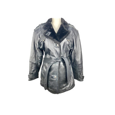 80's Leather Parka Coat | Vintage dLinea Collection Black Leather Button Up Faux Fur Jacket | Vintage Clothing Leather Jacket Moto Boho 