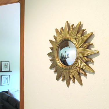 gold sunburst convex mirror - witch's eye - butler mirror - 1970's glam wall decor 
