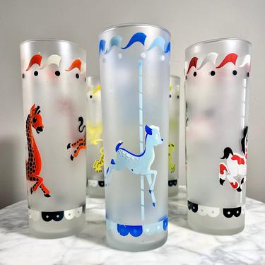 Vintage Libbey Merry-Go-Round or Carousel Fawn Baby Deer Drinking Glass - Mid Century Frosted Glassware, Iced Tea Highball, Royal Light Blue 