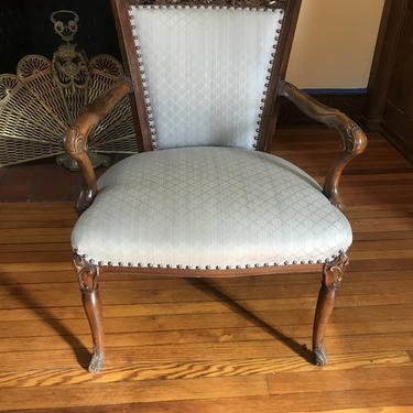 Pair Vintage Carved Wood Arm Chairs Upholstered 