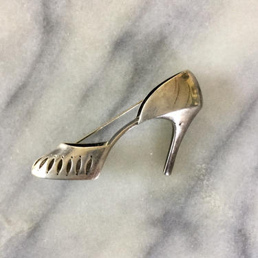 Vintage 80s Silver Brooch | Vintage sterling silver high heel brroch | 1980s sterling silver peep toe shoe brooch 