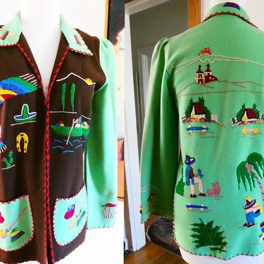 Rare 1950's Two tone Mexican Tourist Jacket with hand appliqué and embroidery by &quot;Lopez&quot; of Mexico 