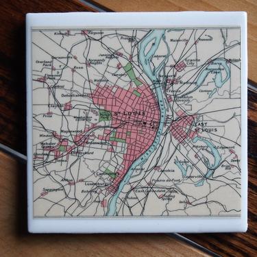 1922 St. Louis Missouri - Handmade Repurposed Vintage Map Coaster - Ceramic Tile - Repurposed 1920s Times Atlas - Mississippi River 