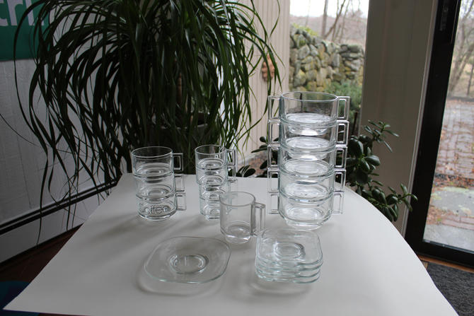 Set of Joe Colombo Arno Glassware Space Age Geometric Glass Mugs, Saucers, Bowls, Plates, Creamer, Espresso Mid Century-Modern Italy Italian 