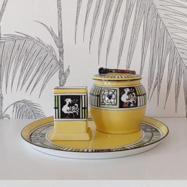 Vintage Tobacco 3 Piece Set, Hand Painted, Decorative Plate, Tobabcco Jar, Cigarette Holder, Noritake, made in Japan, circa 30's 
