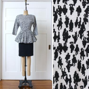 vintage 1980s puff skirt dress • black &amp; white figural novelty print dress • All That Jazz dress 