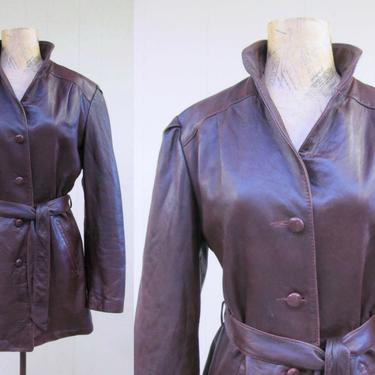 Vintage 1970s Oxblood Leather Coat, 70s Hip-Length Belted Jacket, Medium 38&quot; Bust 