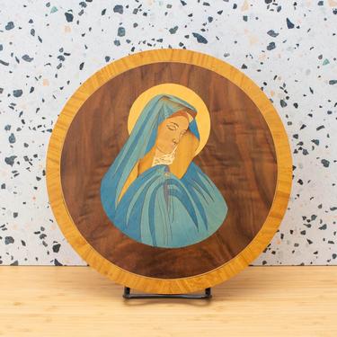 Vintage Wood Inlay Mother Mary Wall Hanging Plaque - Eugene Block Marquetry Co. Wood Wall Decor Christian Art Gift 