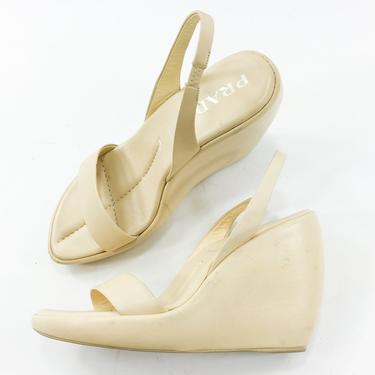 90s Creme Leather Wedge Sandals | Prada Made in Italy | 38.5 