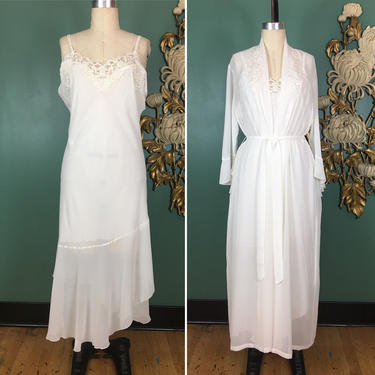 1980s peignoir set, vintage lingerie, nightgown and robe, flapper style, honeymoon, size large, california dynasty, beaded lace, sheer white 