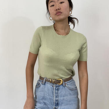 90s cashmere sweater tee / vintage celadon green cashmere short sleeve sweater crewneck sweater tee | XS S 