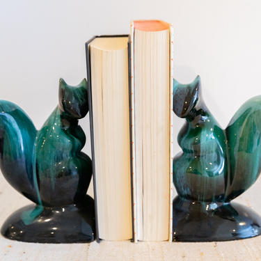 Pair of Ceramic Squirrel Bookends in Green and Blue Ombre Patina 