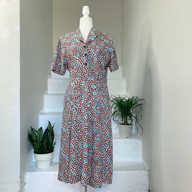 1940s Chestnut Brown and Turquoise Leaf Print Day Dress 40&quot; Bust Vintage Rayon Blend 