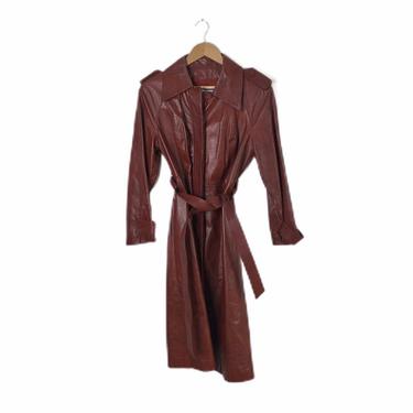 Vintage Suburban Heritage Oxblood Red Burgundy Long Leather Trench Coat, Size 10 Petite 