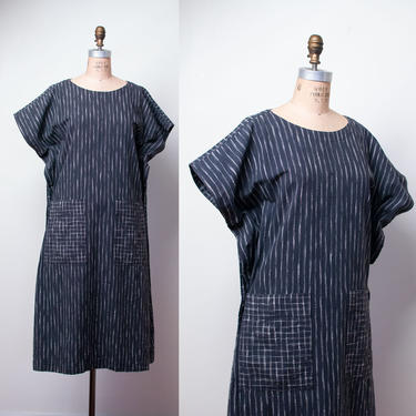 1980s Issey Miyake Plantation Dress / 80s Minimalist Charcol Gray Woven Dress 