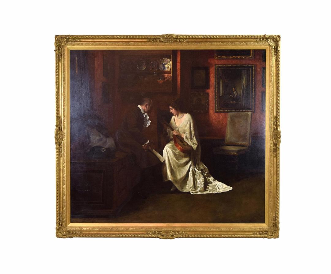 Large 19th Century Genre painting Music Lesson August Rieper German ...