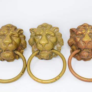 Vintage Lion Head Cabinet Pull. Large Brass Vintage Hardware. Gold Lion Head Handle with Ring in Mouth. 