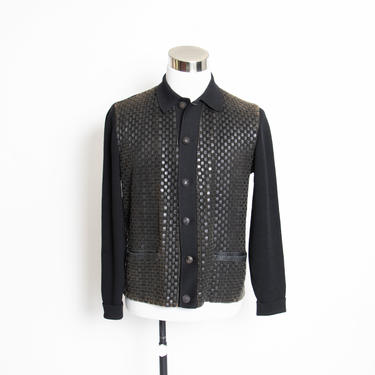 Vintage 1960s Men's Cardigan Leather Lattice Weave Black Wool Sweater 60s Medium 