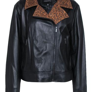 Neiman Marcus - Black Leather Moto Jacket w/ Textured Leopard Accents Sz XL